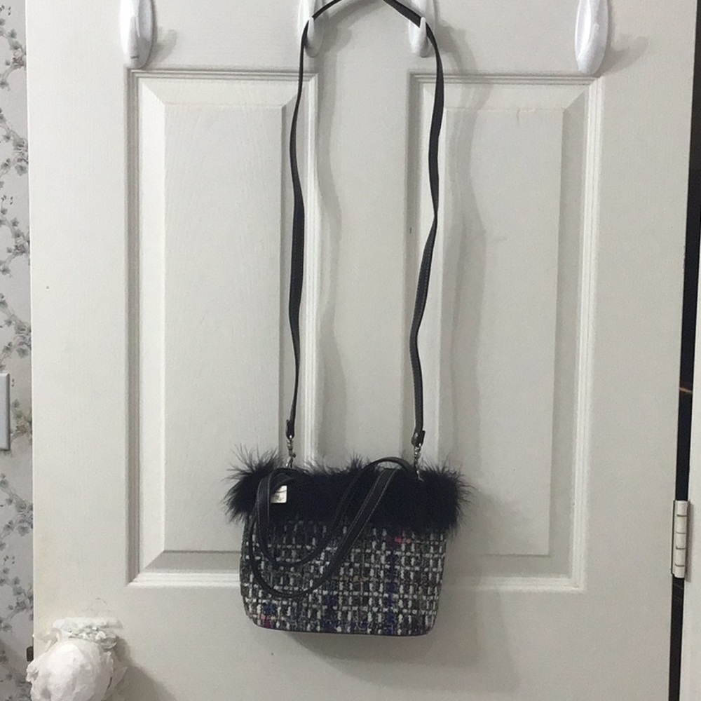 Furry Plaid Crossbody Bag w/ Short Handle & Long Detachable Strap & cell holder.